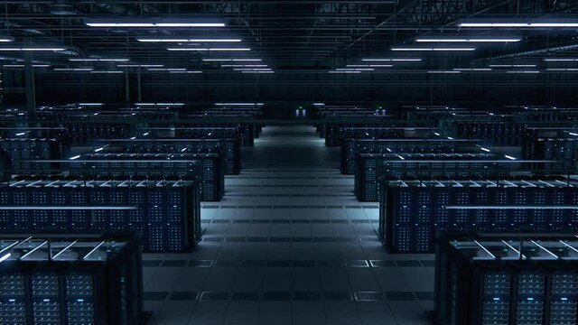 Modern Data Technology Center Server Racks Working in Dark Room. Concept of Internet of Things, Big Data Protection, Storage, Cryptocurrency Farm, Cloud Computing. 3D Moving Back Camera Shot.