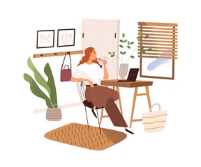 Woman work with laptop computer at desk, looking through window and thinking. Creative person sitting at table in home office. Remote workplace. Flat vector illustration isolated on white background