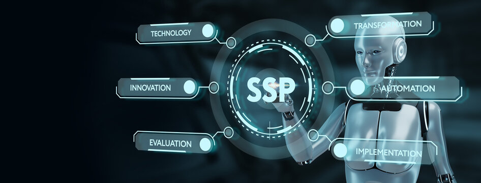 SSP - Supply Side Platform. Robot pressing button on virtual screen. 3d render