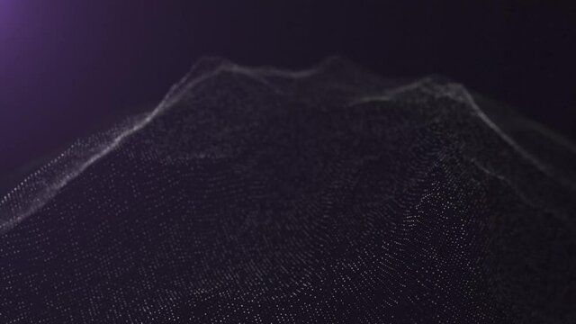 Futuristic flights on abstract, 3D-plexus terrain with abstract technology background, moving points and line network connection structure on black background.