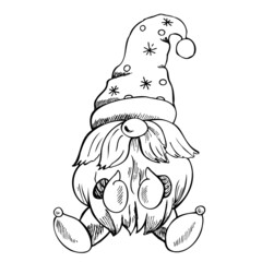 A hand-drawn gnome in a hat with snowflakes. The Scandinavian gnome. Vintage vector illustration.