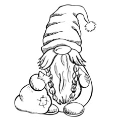 A hand-drawn gnome with a bag in his hands. The Scandinavian winter gnome. Vintage vector illustration.
