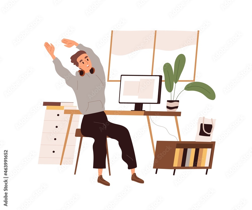Poster Office worker stretching at break after work with computer. Happy man sitting at workplace at end of workday. Employee finished his businesses. Flat vector illustration isolated on white background
