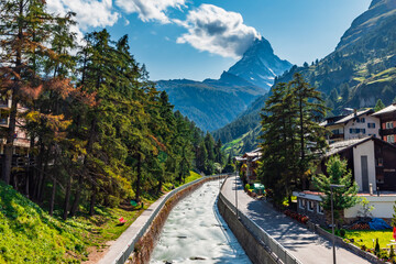 Small historic European city with Swiss alps in the background, Zermatt Matterhorn Switzerland