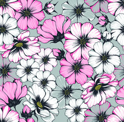 White and pink flowers seamless pattern on grey background. Hand drawn pen illustration.