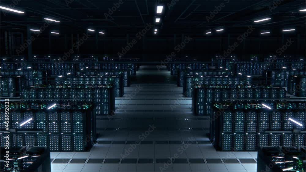 Poster modern data technology center server racks working in dark room. concept of internet of things, big 