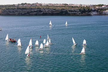 sports single-seater sailing yachts with white sails at a training camp in Mahon Bay on a sunny day