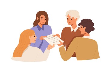 Business partners coming to agreement and concluding contract. Team cooperating and making deal. Partnership, cooperation and teamwork concept. Flat vector illustration isolated on white background