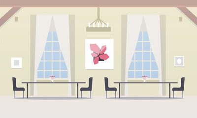 Light spacious living room room with two large windows and tables and a bright red painting and false beams vector illustration.