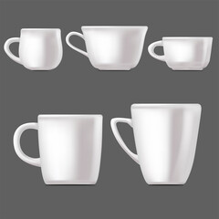 Realistic Detailed 3d Different White Ceramic Mug Set for Tea, Coffee and Hot Beverage. Vector illustration of Teacup