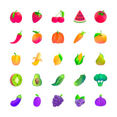 Realistic Detailed 3d Color Fluent Fruit and Vegetable Icon Set Include of Cherry, Cabbage, Pear, Banana and Strawberry. Vector illustration