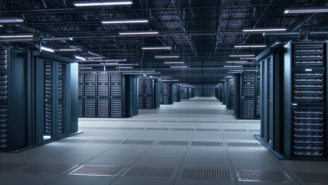 Modern Data Technology Center Server Racks Working in Well-Lighted Room. Concept of Internet of Things, Big Data Protection, Storage, Cryptocurrency Farm, Cloud Computing. 3D Arc Camera Shot.