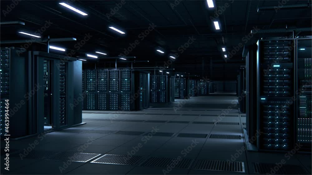 Poster Modern Data Technology Center Server Racks Working in Dark Facility. Concept of Internet of Things, Big Data Protection, Storage, Cryptocurrency Farm, Cloud Computing. 3D Arc Camera Shot.