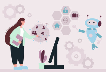 Flat illustration for business and web sites. Communication, robot, technology.