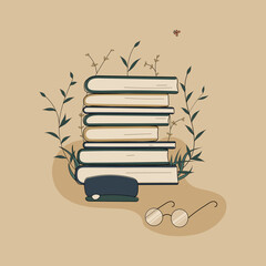Concept:book is source of knowledge.Glasses with a case stack of books and reading book.Pile of volumes surrounded by plants as symbol of education.For library or bookstore.Hand drawn raster