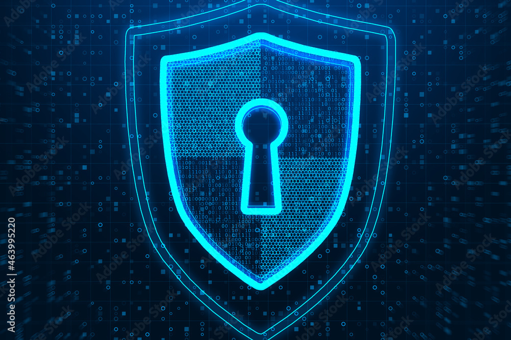 Aufkleber Abstract glowing shield with padlock icon on dark binary code background. Online protection, antivirus and security concept. 3D Rendering.
