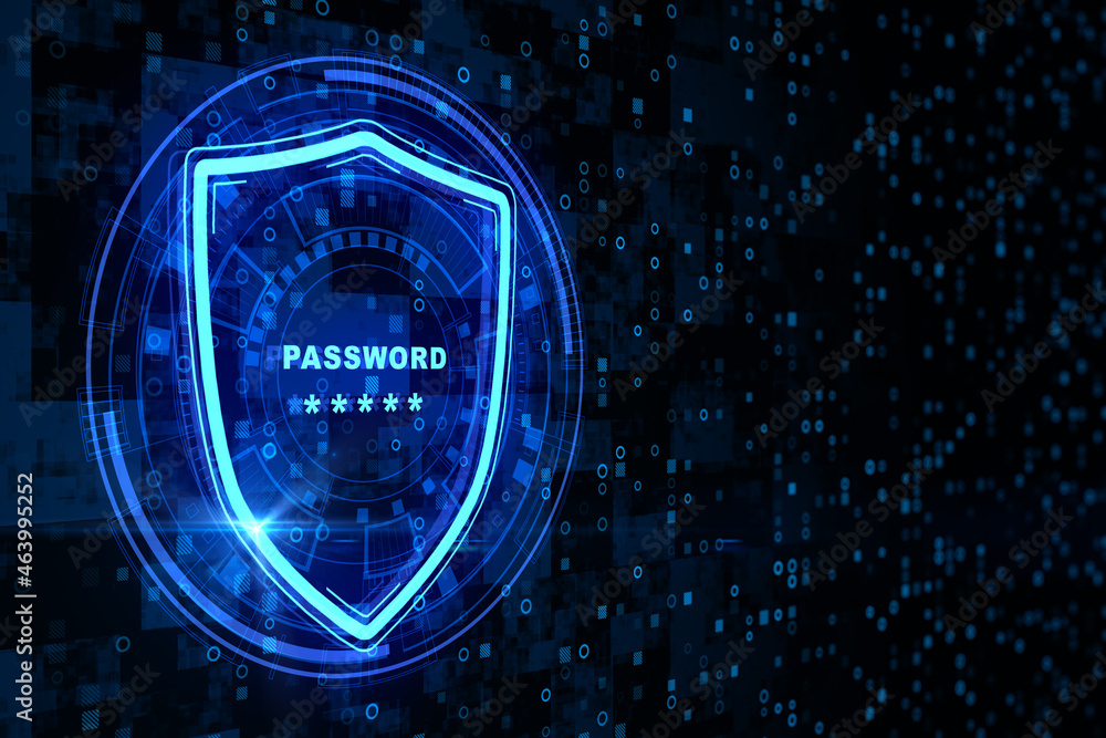 Poster abstract glowing shield with password icon on dark binary code background with mock up place. login,