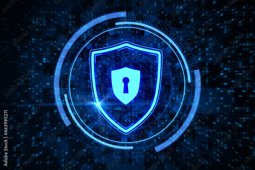Aufkleber Creative glowing shield with padlock icon on dark binary code background. Online protection, antivirus and security concept. 3D Rendering.