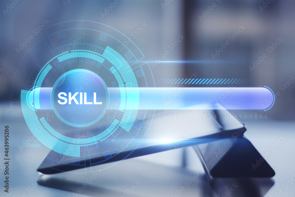 Poster close up of tablet with creative digital skill bar on blurry dark bokeh background. education, caree