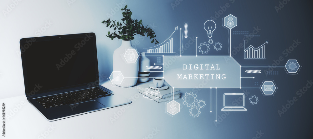 Poster Close up of workplace with empty black mock up laptop screen, other items and abstract glowing business sketch. Digital marketing and technology concept. 3D Rendering, Double exposure.