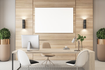 Modern wooden office interior with empty white mock up poster, desktop, equipment and other items. Workplace and design concept. 3D Rendering.