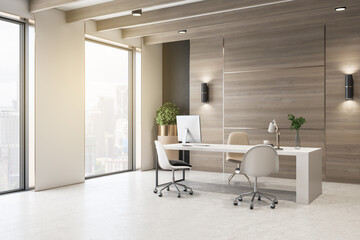 Bright wooden office interior with desktop, equipment, window with city view and other items. Workplace and design concept. 3D Rendering.