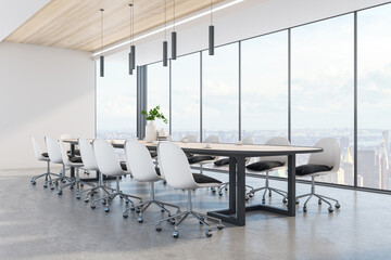 Clean wooden and concrete meeting room interior with panoramic city view, daylight and large table with chairs. Corporate design and legal concept. 3D Rendering.