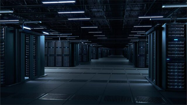 Modern Data Technology Center Server Racks Working in Dark Facility. Concept of Internet of Things, Big Data Protection, Storage, Cryptocurrency Farm, Cloud Computing. 3D Arc Camera Shot.