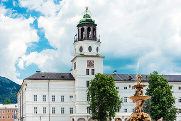 Traditional Cathedral building in Salzburg, Austria.SALZBURG, AUSTRIA - June 16, 2018: Austrian flag in Salzburg City, Austria