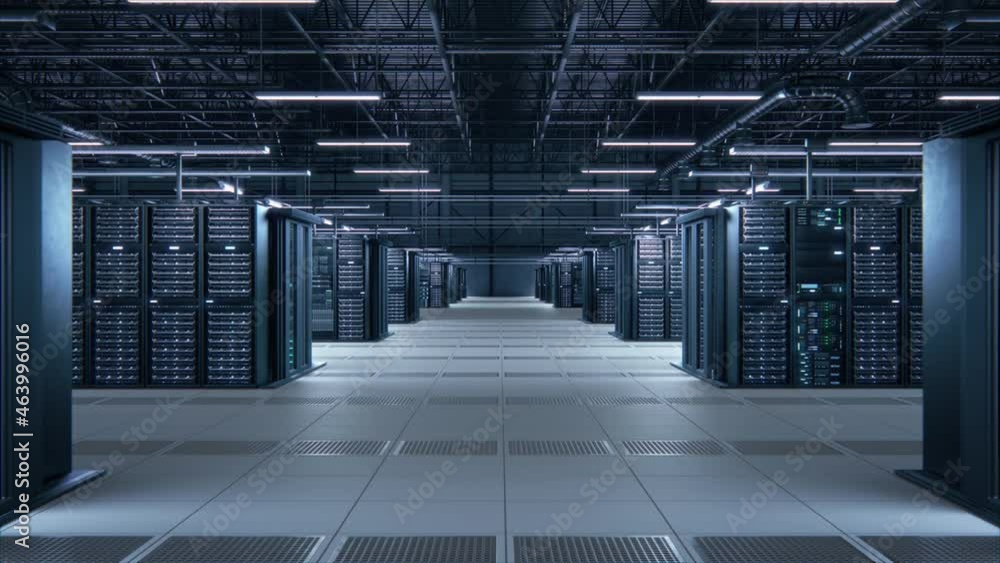 Aufkleber Modern Data Technology Center Server Racks Working in Well-Lighted Room. Concept of Internet of Things, Big Data Protection, Storage, Cryptocurrency Farm, Cloud Computing. 3D Moving Back Camera Shot.