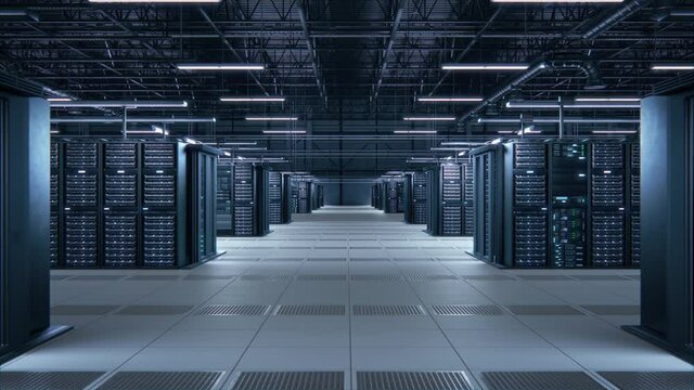 Modern Data Technology Center Server Racks Working in Well-Lighted Room. Concept of Internet of Things, Big Data Protection, Storage, Cryptocurrency Farm, Cloud Computing. 3D Moving Back Camera Shot.