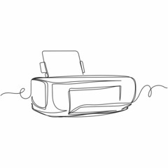 Vector continuous one single line drawing of laser printer in silhouette on a white background. Linear stylized.