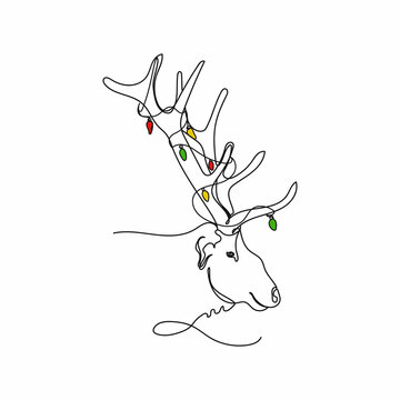 recommend clip art: Vector continuous one single line drawing of profile elk head face with christmas light in silhouette on a white background. Linear stylized.