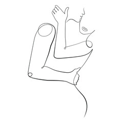 Loving couple line art on white isolated background. A man gently hugging a woman kisses her on the cheek