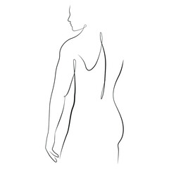Silhouette of a naked sports man standing with his back one line drawing on white isolated background. Vector illustration