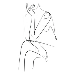 Nude young woman sitting in a relaxed pose holding her hand under her chin and crossing her legs line art on white isolated background. Vector illustration