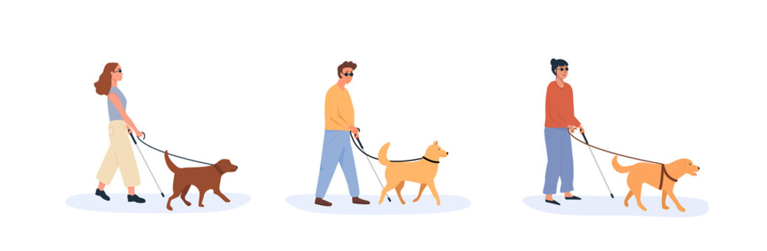 A guide dog with blind person walking together. Set of people with disability using help of dog. Collection of flat style characters. Vector illustration.