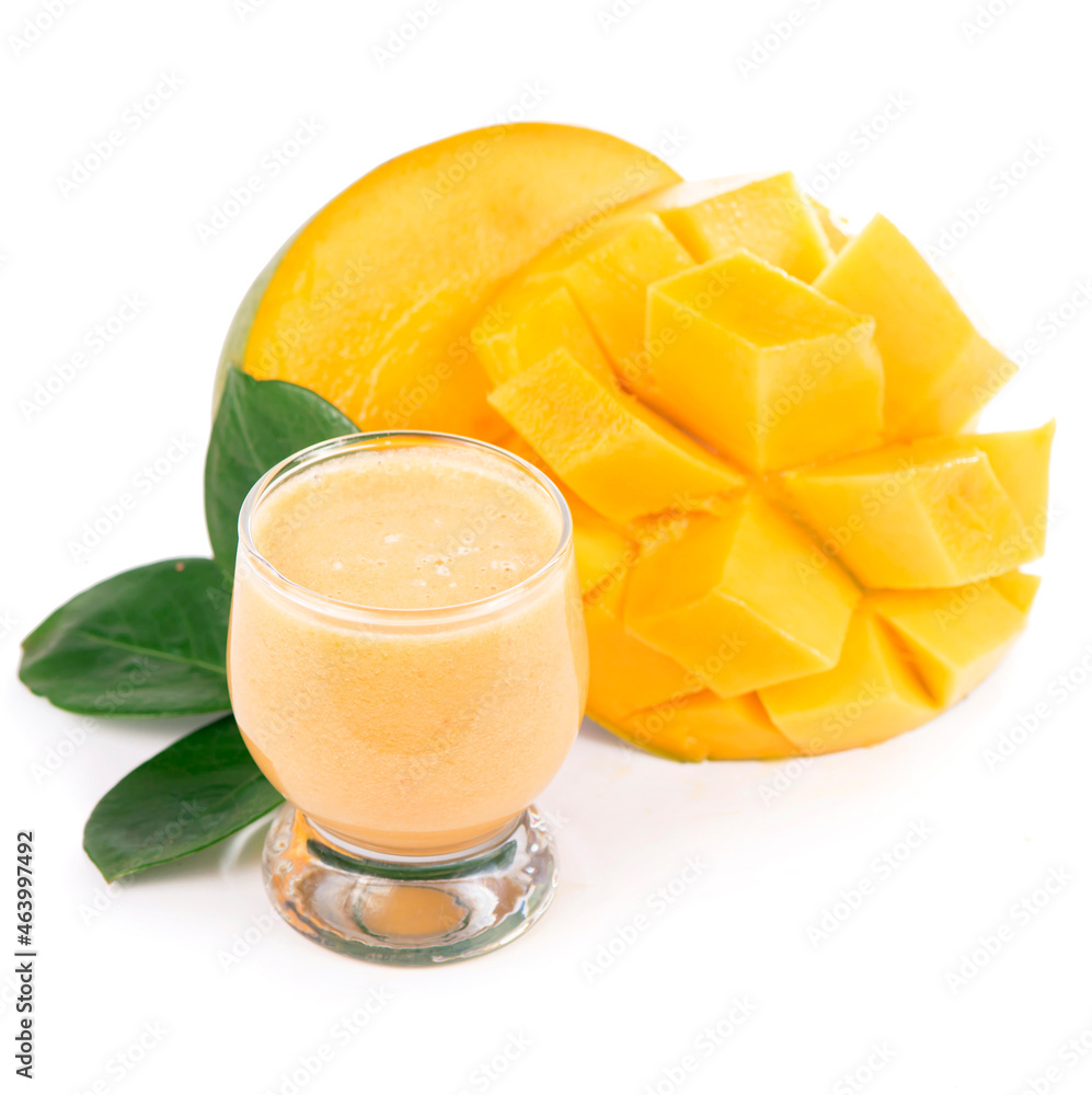 Sticker Glass of fresh mango juice. Glass of fresh mango smoothie isolated on white background