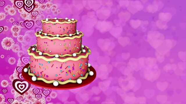 Cake on a background of hearts and flowers for congratulations