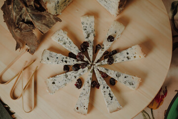 Assorted cheeses with grapes cured cheese on a serving board