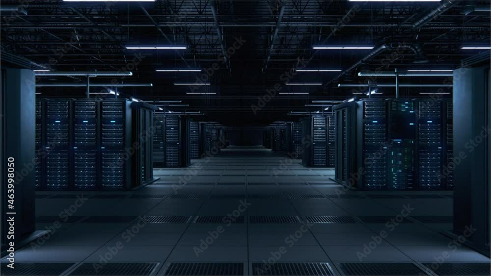 Poster modern data technology center server racks working in dark facility. concept of internet of things, 