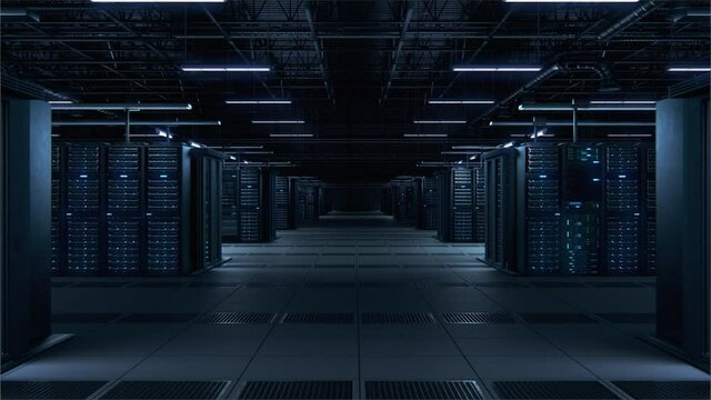 Modern Data Technology Center Server Racks Working in Dark Facility. Concept of Internet of Things, Big Data Protection, Storage, Cryptocurrency Farm, Cloud Computing. 3D Moving Back Camera Shot.