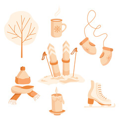 A set of elements for a winter theme: cozy clothes, skates and skis, trees, a cup of warm drink and a burning candle. Suitable for the design of festive typography, websites.