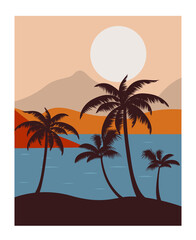 Decoration with a tropical beach with palm trees, sea and mountains