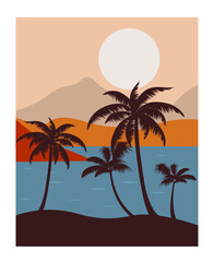 Obraz premium Decoration with a tropical beach with palm trees, sea and mountains