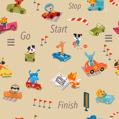Cars and animals in city. Seamless children pattern. Vector illustration.