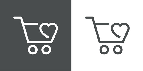 I love shop. Logotipo con silueta de carrito de la compra con corazón con lineas en fondo gris y fondo blanco