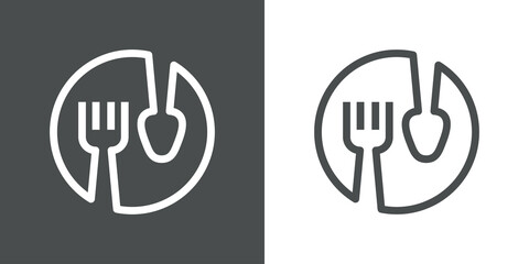 Cubiertos en circunferencia. Logotipo con silueta de tenedor y cuchara en círculo con lineas en fondo gris y fondo blanco © teracreonte