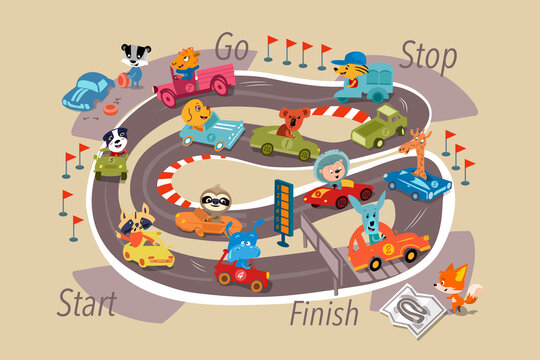 Cute animals in cars on track. Full color cartoon picture. Vector color illustration.