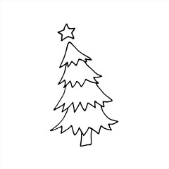 Fototapeta na wymiar A doodle-style Christmas tree. Vector symbol of Christmas winter. Spruce with a star. Drawing with a black outline isolated on a white background.